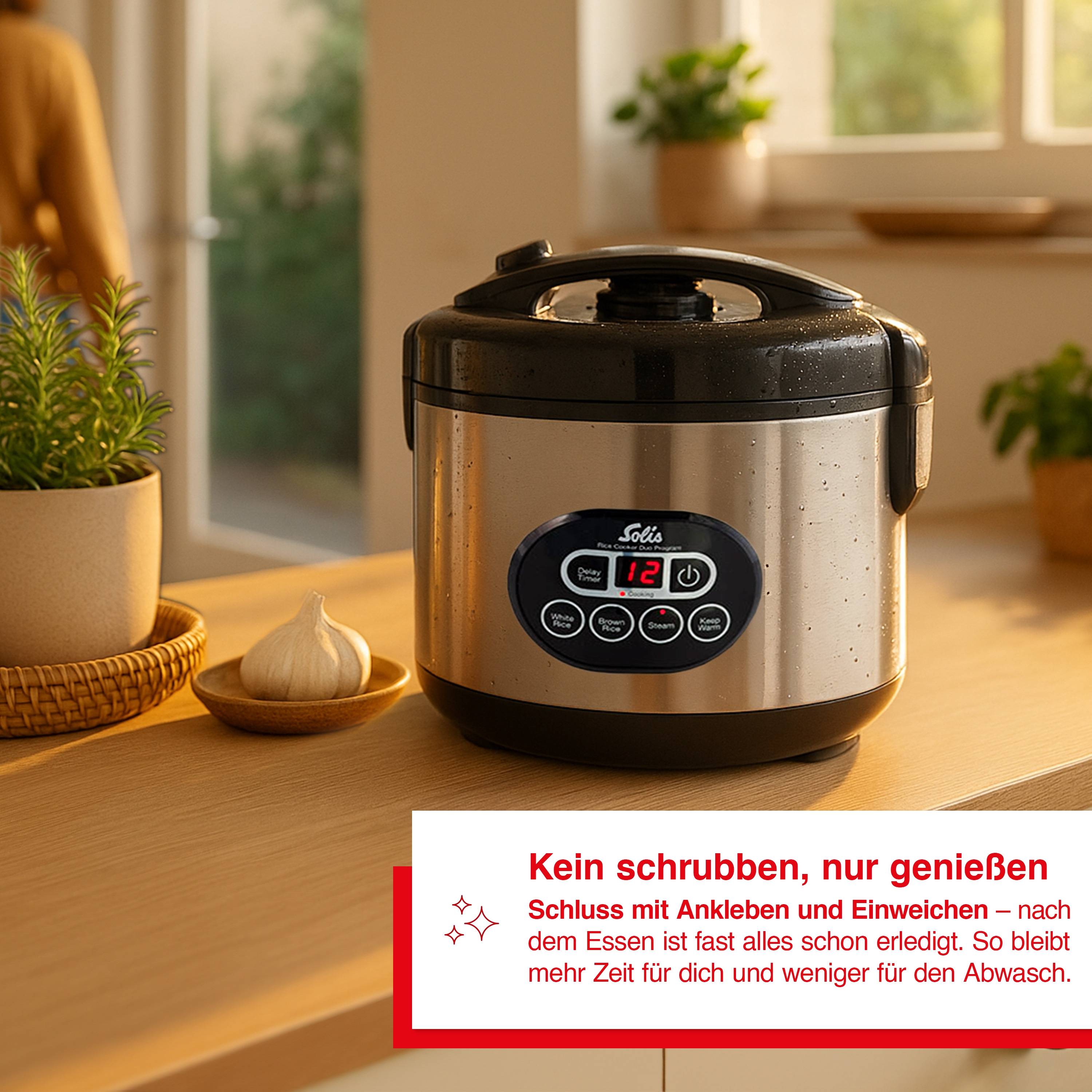 Solis Reiskocher & Dampfgarer, 500 W, 1,2L Volumen, Display, Timer, Beschichtung