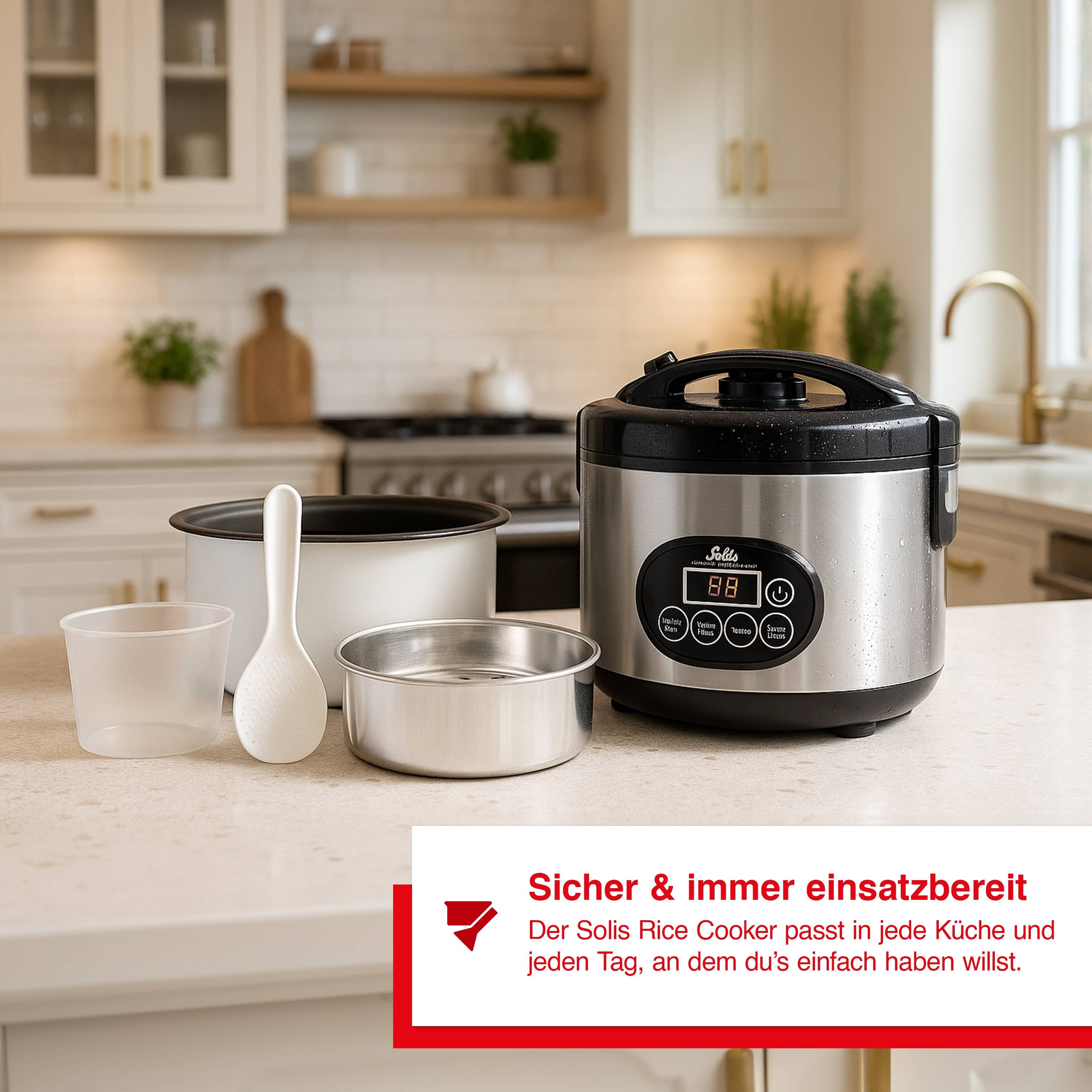 Solis Reiskocher & Dampfgarer, 500 W, 1,2L Volumen, Display, Timer, Beschichtung