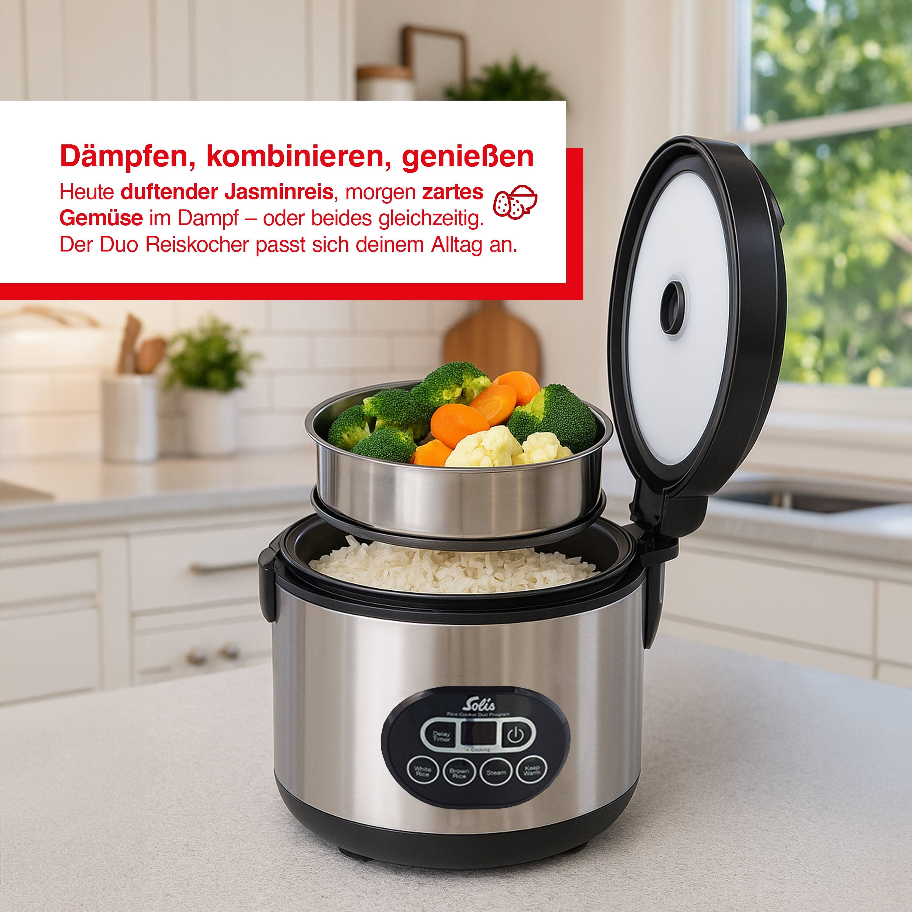 Solis Reiskocher & Dampfgarer, 500 W, 1,2L Volumen, Display, Timer, Beschichtung
