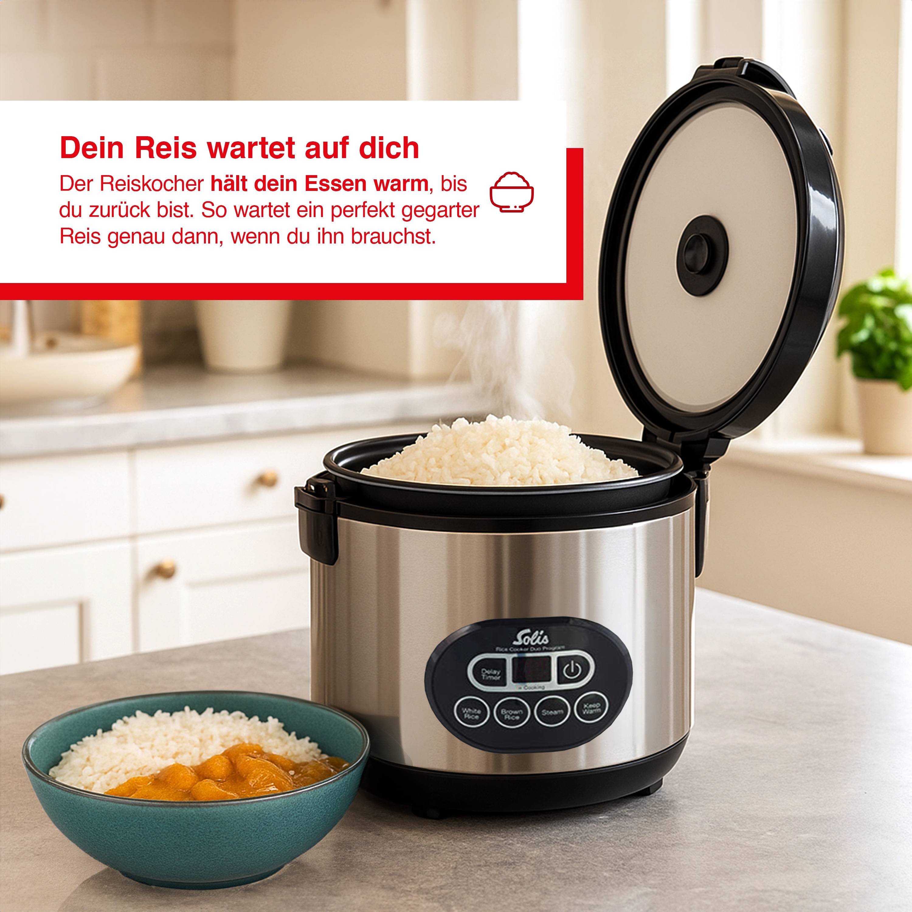 Solis Reiskocher & Dampfgarer, 500 W, 1,2L Volumen, Display, Timer, Beschichtung