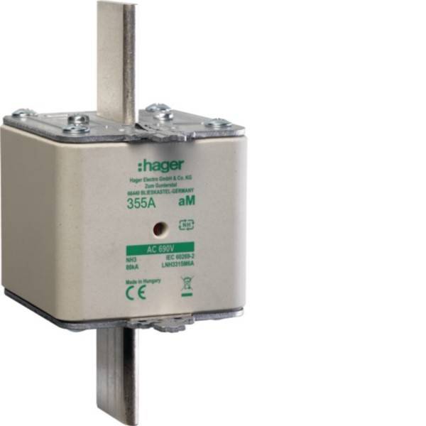 Eine elektrische Sicherung der Marke Hager, ausgelegt für 355A und 690V, mit quadratischem Gehäuse und Metallkontakten, vertikal montiert.