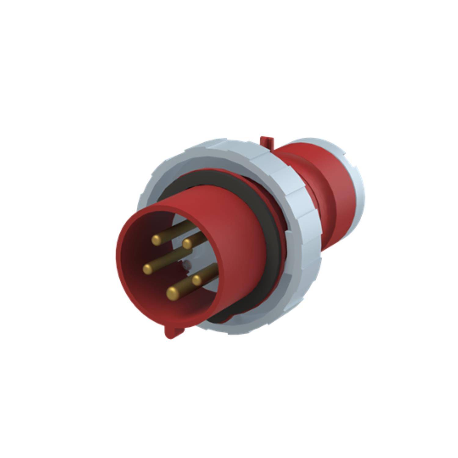 Eine 3D-Darstellung eines industriellen rot und grau gefärbten Elektrosteckers mit mehreren Kontaktstiften, entwickelt für Hochleistungsanwendungen.