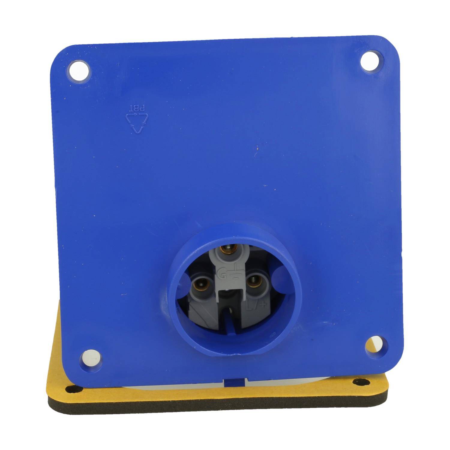 Eine blaue elektrische Steckdosenbefestigung mit vier Ecklöchern zur Installation. Die Steckdose verfügt über drei sichtbare Anschlüsse und ist für den industriellen Einsatz konzipiert.
