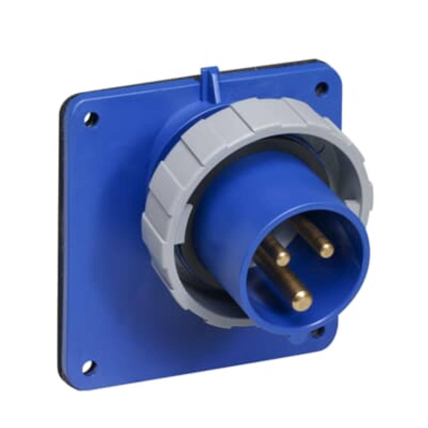 Ein blau-grauer industrieller Stromstecker mit drei Metallstiften, montiert auf einer quadratischen Grundplatte, verwendet für elektrische Anschlüsse.
