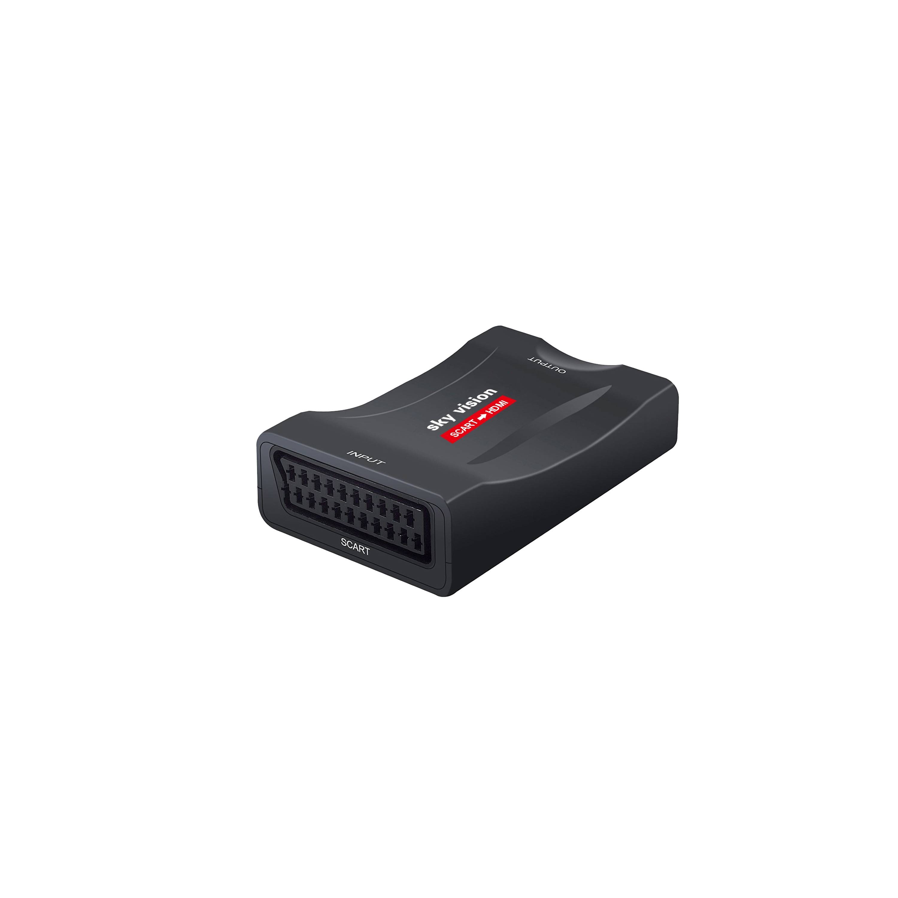 Schwarzer Himmel Vision SCART-Adapter-Box auf weißem Hintergrund, in Dreiviertelsicht gezeigt.