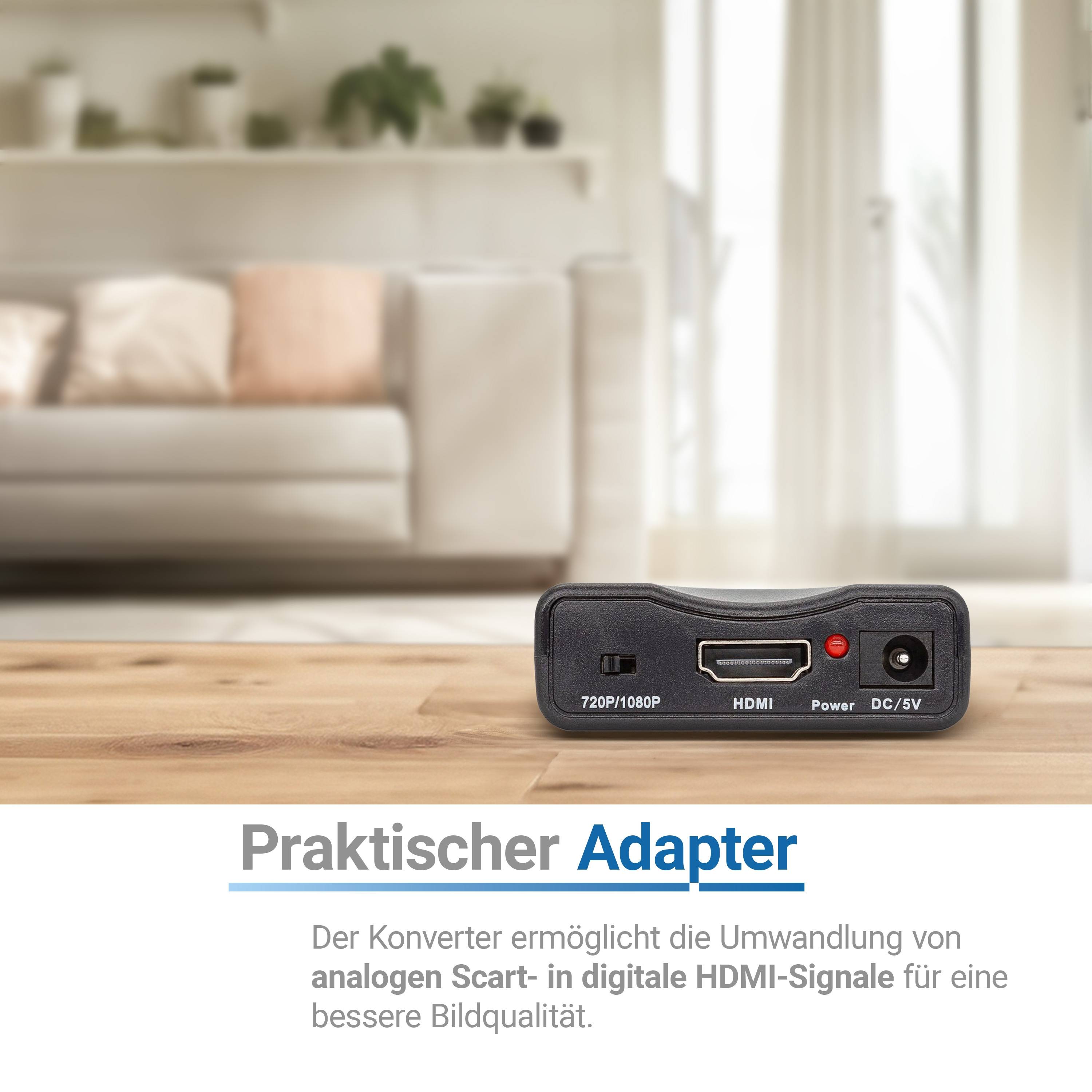Schwarzer SCART-zu-HDMI-Wandler auf einem Holztisch, mit Text, der besagt, dass er analoge SCART-Signale in digitales HDMI für bessere Bildqualität umwandelt.