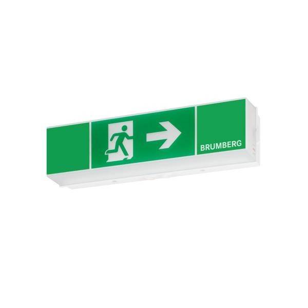 Grün beleuchtetes Notausgang-Schild mit laufender Figur und nach rechts zeigendem Pfeil, gekennzeichnet mit 'BRUMBERG'.