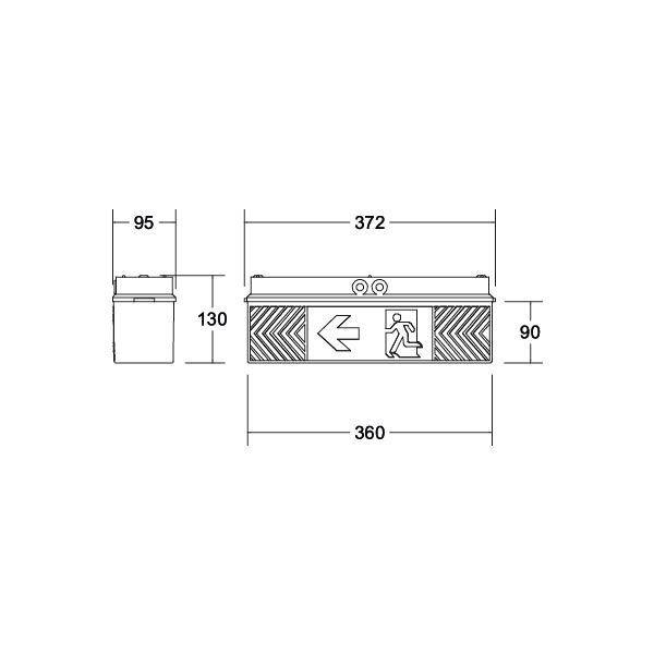 Technische Zeichnung eines Notausgangszeichens mit Abmessungen: 372 mm breit, 95 mm Tiefe, 130 mm Höhe. Enthält Pfeil und laufendes Figurensymbol.