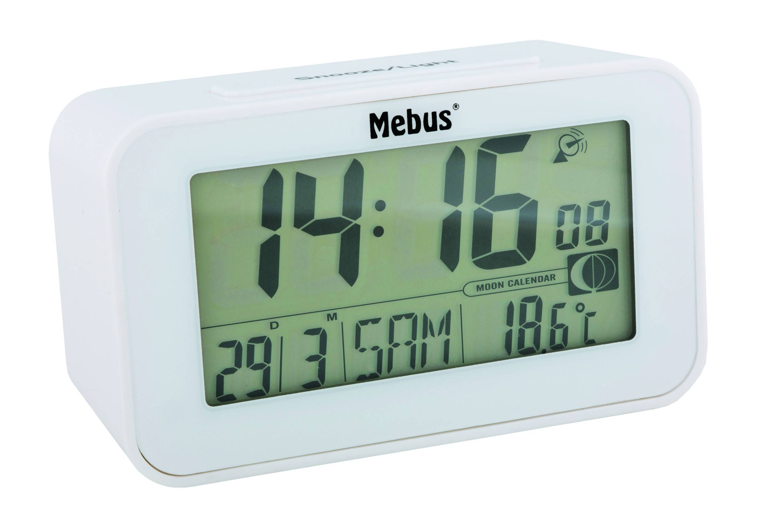 Weiße Mebus Digitaluhr zeigt 14:16, Datum 29/7, PM und 19,6°C auf einem grün beleuchteten Bildschirm an.