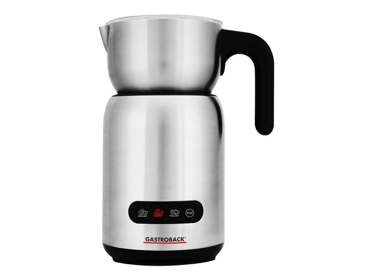 Edelstahl-Elektrokaffeemaschine mit schwarzem Griff und Sockel, Frontansicht auf weißem Hintergrund dargestellt.