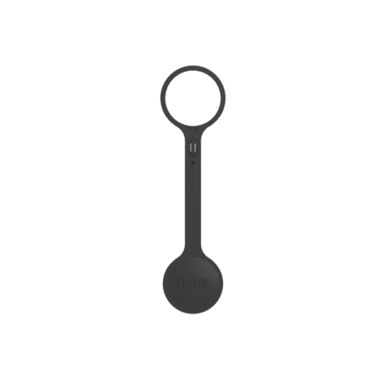 Ein schwarzer Silikon-Schlaufenanhänger für einen Apple AirTag, der für eine einfache Befestigung an Gegenständen wie Taschen oder Schlüsseln entwickelt wurde.