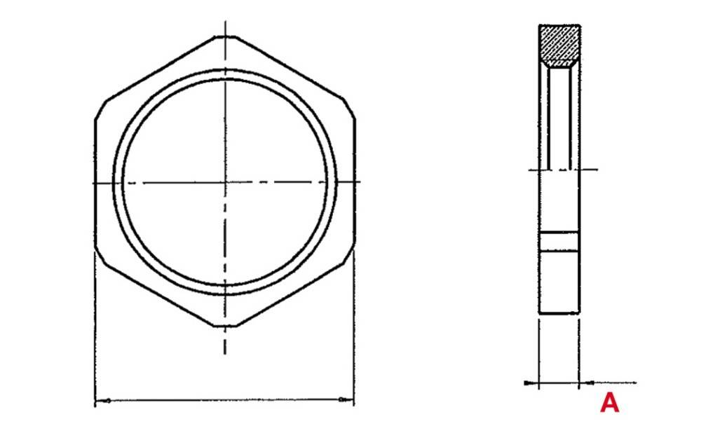 Technische Zeichnung mit Ansichten von oben und der Seite eines mechanischen Bauteils, höchstwahrscheinlich einer Schraube oder Mutter, mit kreisförmigen und sechseckigen Umrissen.