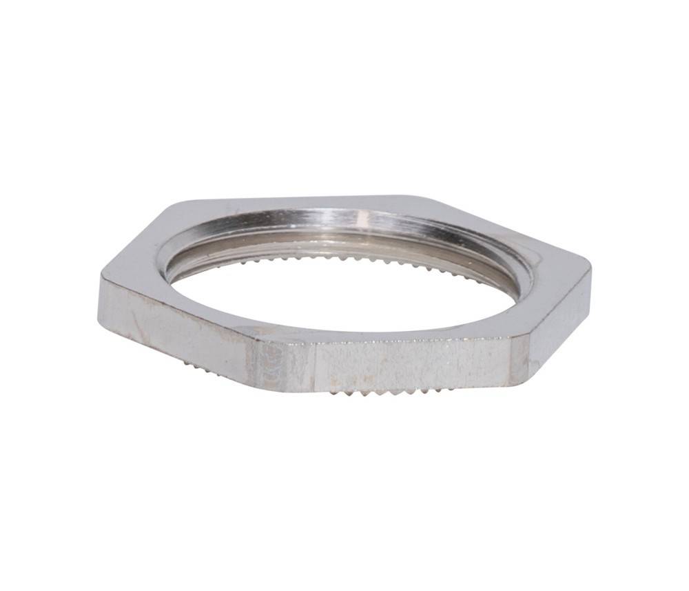 Eine Nahaufnahme einer metallischen sechseckigen Sicherungsmutter mit Innengewinde, die zur Befestigung einer Verbindungskomponente in mechanischen Baugruppen verwendet wird.