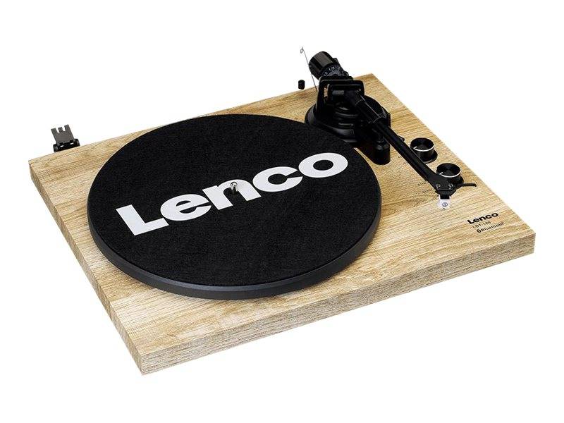 Ein Lenco-Plattenspieler mit schwarzem Plattenteller und Tonarm auf einer hellholzfarbenen Grundplatte.
