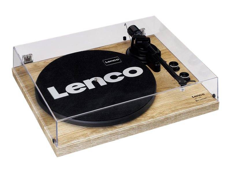Lenco-Plattenspieler mit schwarzem Plattenteller und Tonarm auf Holzständer, umhüllt von einer durchsichtigen Acrylabdeckung.