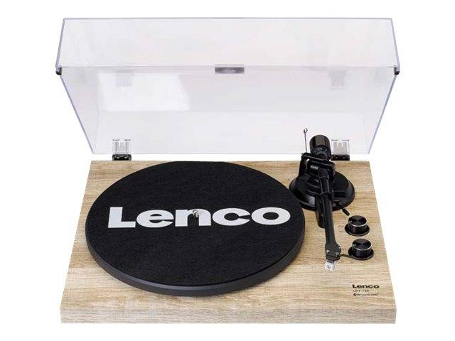 Ein Lenco-Plattenspieler mit transparenter Staubschutzhaube, schwarzem Plattentellerbelag, Tonarm und Bedienelementen auf einer Basis mit Holzmaserung.