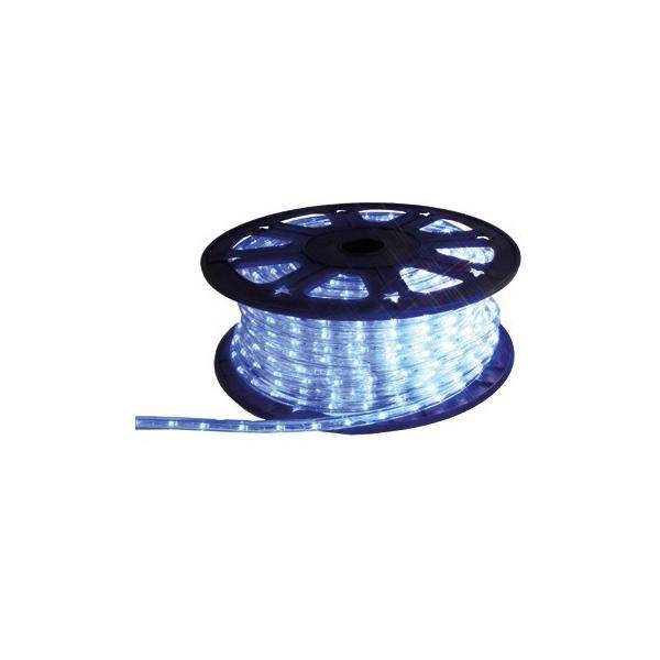 Eine Spule mit blauer LED-Lichterkette, teilweise abgewickelt und ein helles Leuchten ausstrahlend.