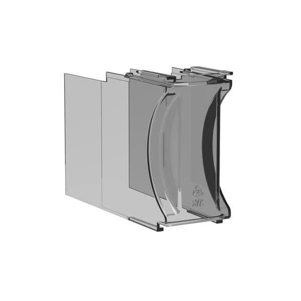 Ein transparenter PVC-Halbrundes Regenrinnenverbinder, der zum Verbinden von Rinnenabschnitten entwickelt wurde und interne Konturen und Clips zeigt.