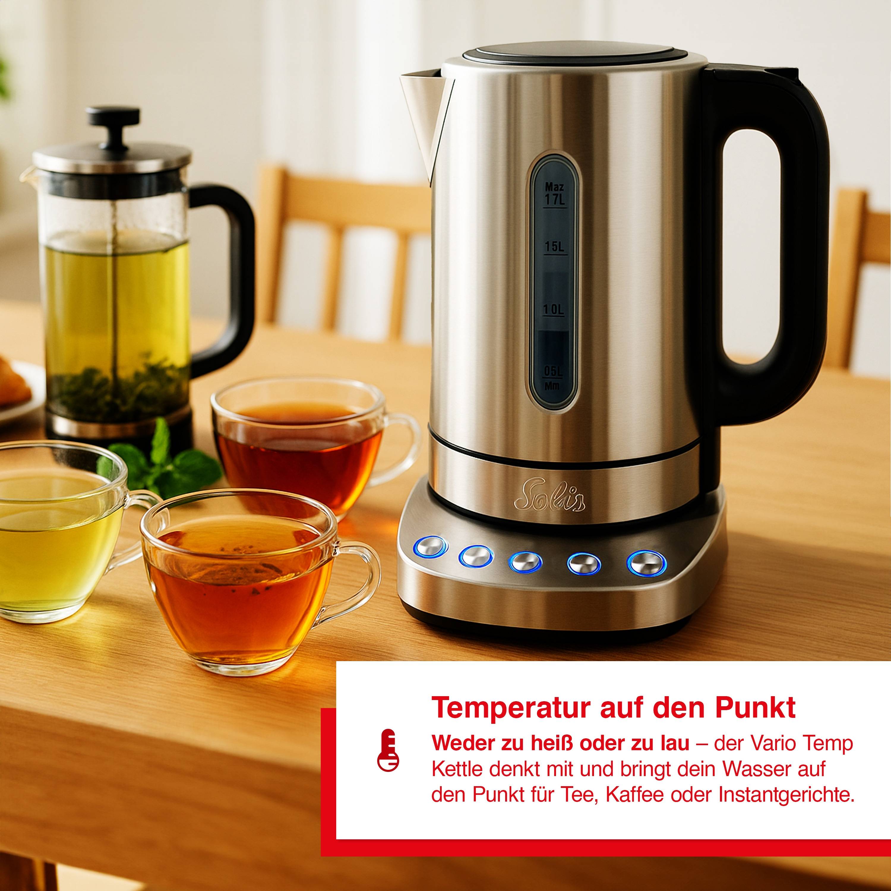 Solis programmierbarer Wasserkocher, 1,7 L, Warmhaltefunktion,Temperaturwahl