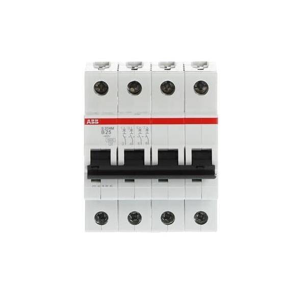 Vierpoliger Leistungsschalter mit roter und weißer Beschriftung, konzipiert für Elektroverteilerschrank-Installationen, der Schalterpositionen und Herstellerlogo zeigt.