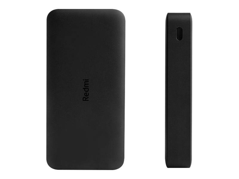 Schwarze Redmi-Powerbank in Vorder- und Seitenansicht auf weißem Hintergrund, mit vertikalem USB-C-Anschluss an der Kante.