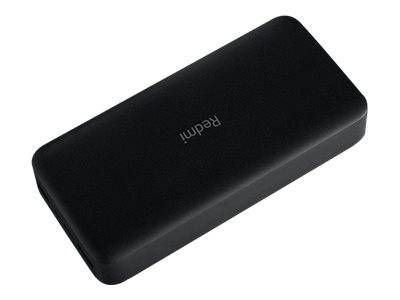 Schwarze tragbare Redmi-Powerbank auf weißem Hintergrund, angewinkelt, um ihre schlanke rechteckige Form und das zentrierte 
