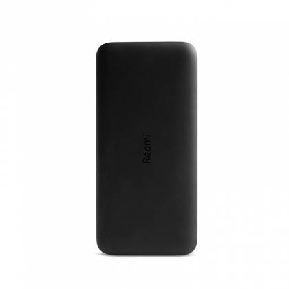 Schwarze Redmi-Powerbank vertikal auf weißem Hintergrund dargestellt, mit dem zentrierten 'Redmi'-Logo.