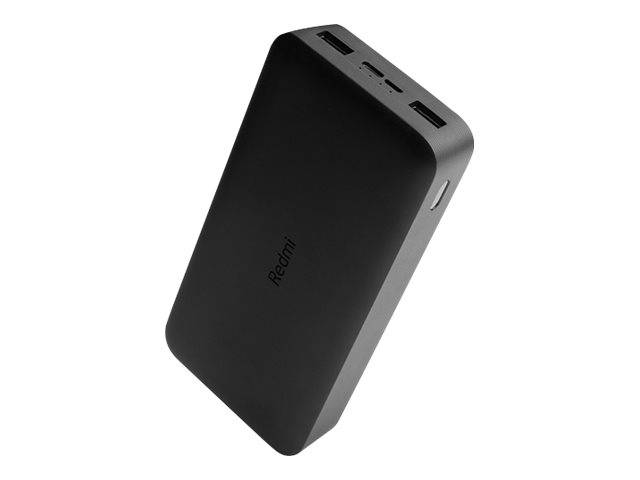 Schwarze rechteckige Xiaomi/Redmi-Powerbank in Schrägansicht mit mehreren USB-Anschlüssen und einer Seitentaste.