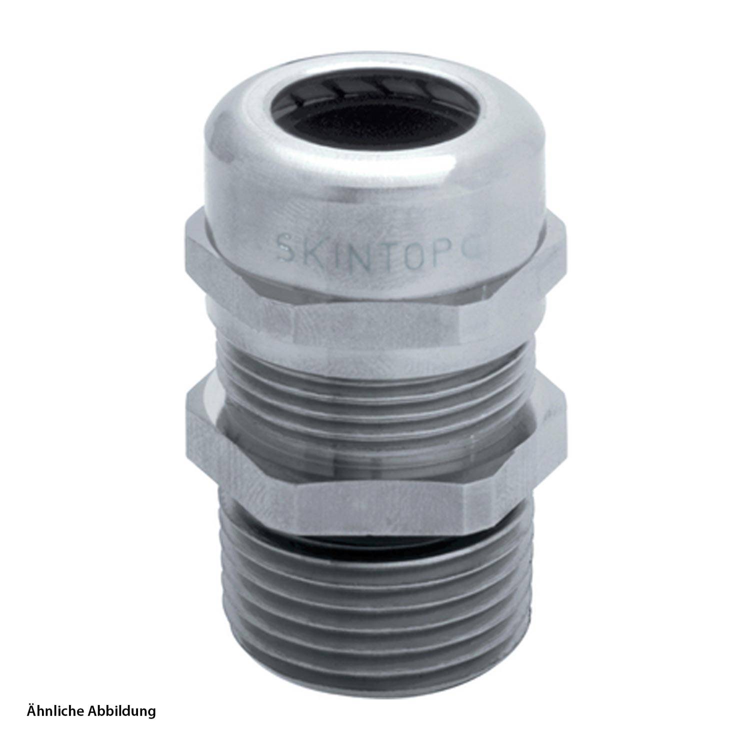 „Eine Metallkabelmuffe mit Gewindeldesign und der auf ihrer Oberfläche eingravierten Aufschrift ‚Skintop'.