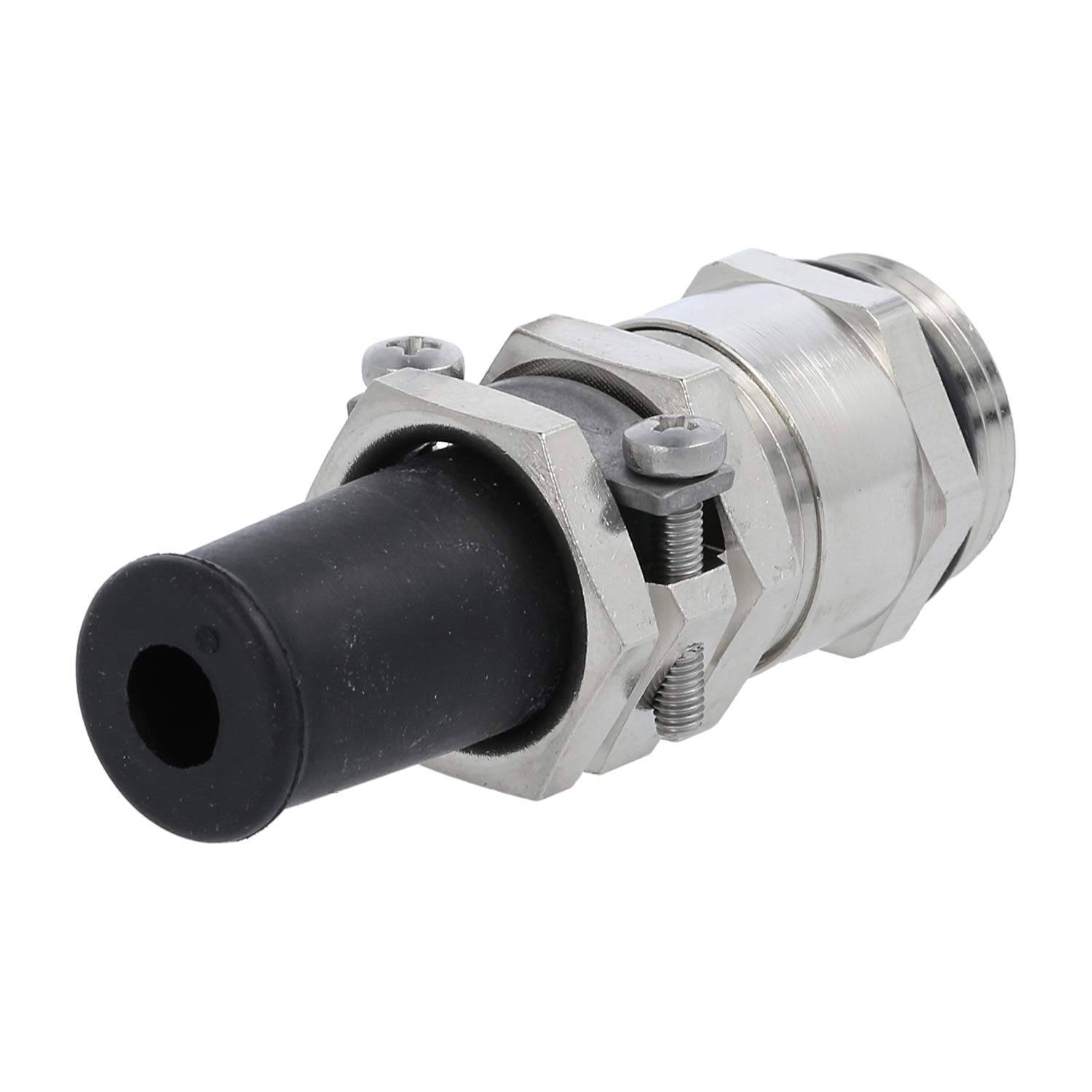 Ein metallischer elektrischer Rohrleitungsverbinder mit einer schwarzen Gummidichtung, der zum Verbinden und Sichern von Elektrokabeln verwendet wird.