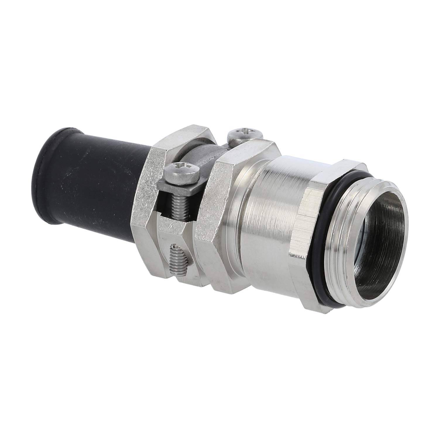 Metallgelenk-Verbinder mit schwarzem Gummieende und gewindefähigem silbernem Gehäuse, verwendet zum Befestigen von Kabeln oder Drähten in elektrischen Anlagen.