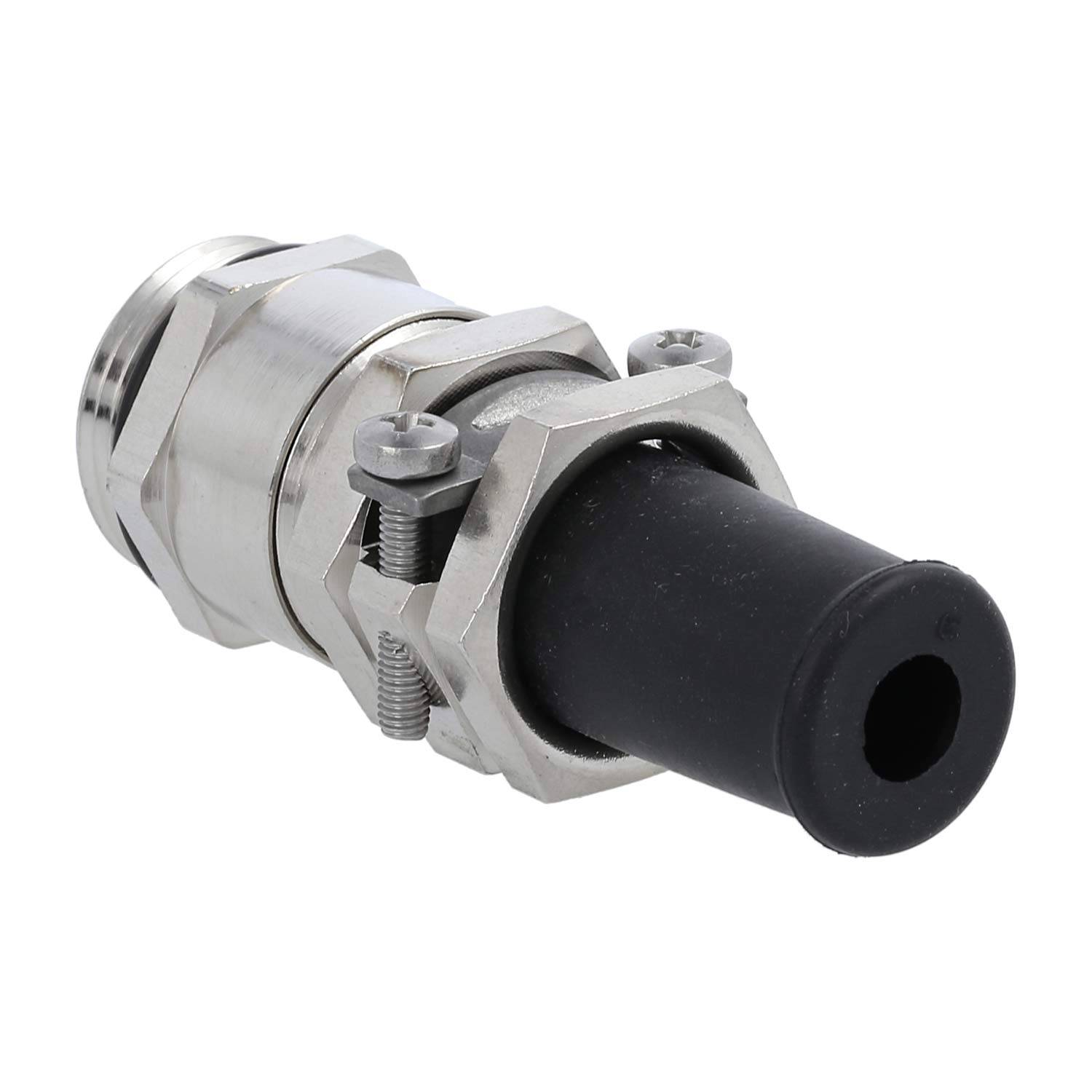 Ein metallischer zylindrischer Kabelschuh mit schwarzer Gummidichtung, entwickelt zur Befestigung und zum Schutz von Kabeln in elektrischen Schaltschränken.