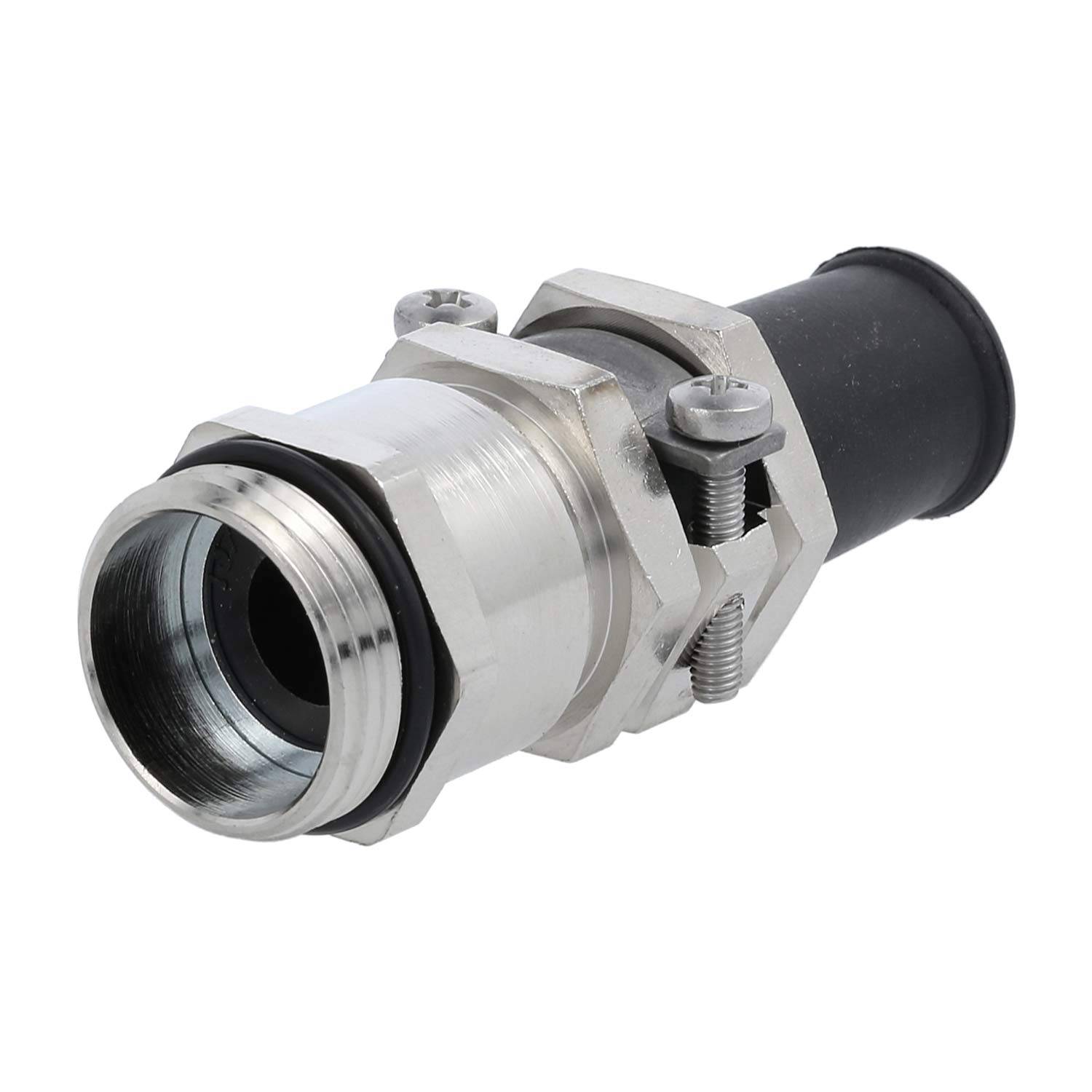 Eine Metallkabelschutzrohr-Verschraubung mit gewindedem Ende, sechskantiger Mutter und Gummidichtung, die zum Verbinden und Sichern von Kabeln verwendet wird.