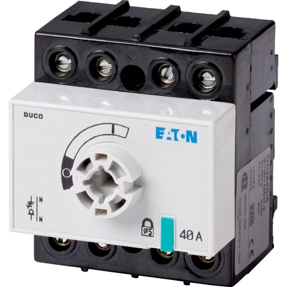Vorderansicht eines schwarzweißen Elektroschalters mit einer Nennleistung von 40A, beschriftet mit 'DUCO' und 'EATON'.