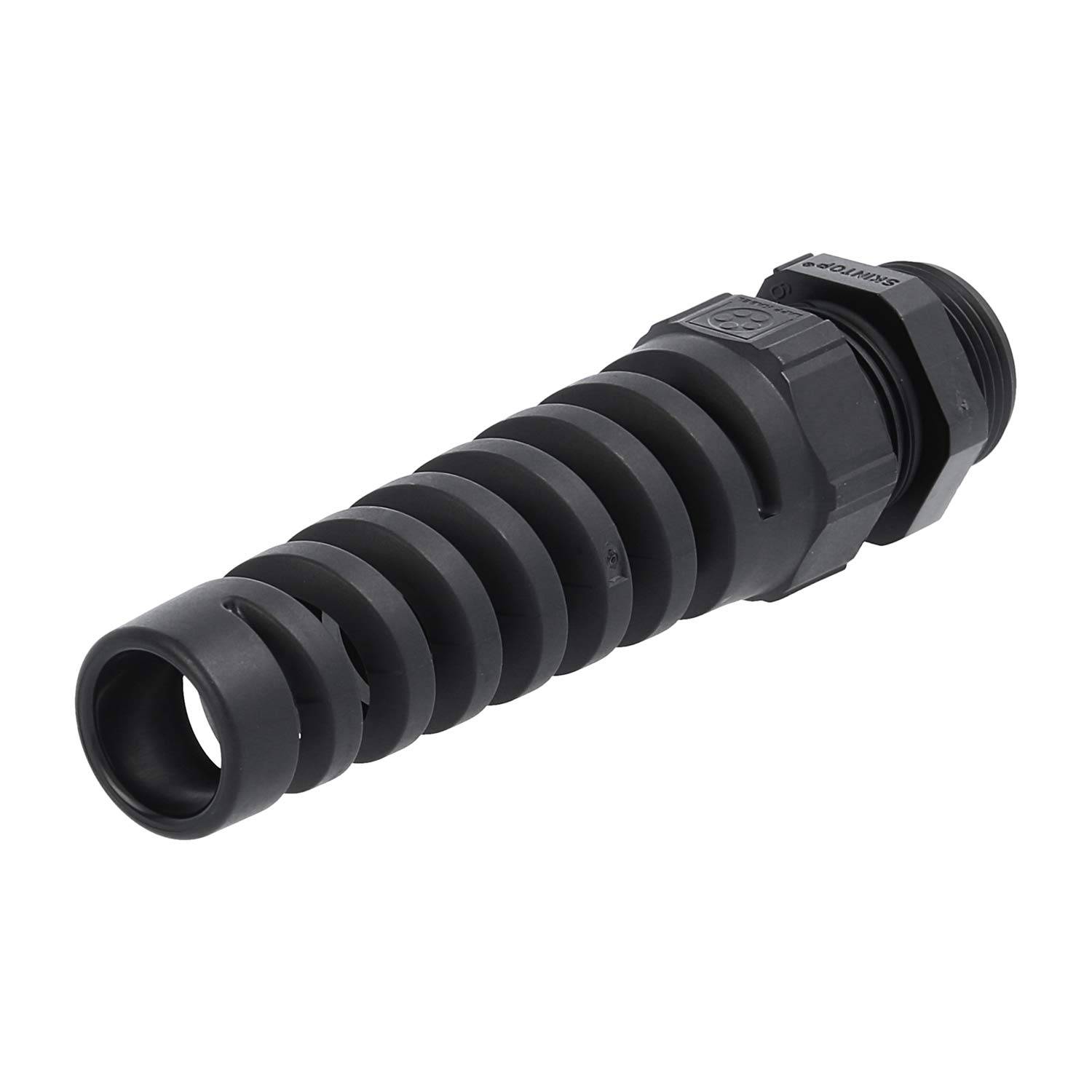 Eine schwarze, flexible Leitungsführung mit gerippter, konischer Gestaltung, die zum Schutz und zur Führung von elektrischen Kabeln in Installationen verwendet wird.