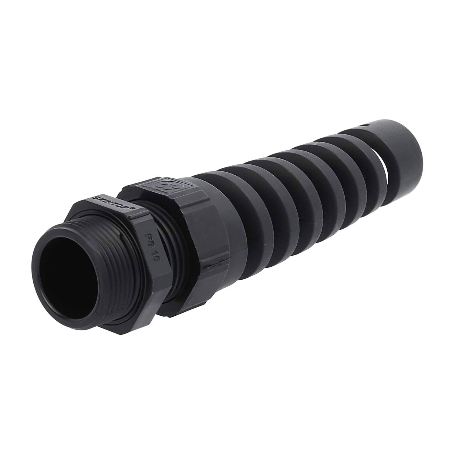 Eine schwarze Kunststoff-Kabelverschraubung mit einem spiralförmigen, flexiblen Schutzschlauch, die dazu dient, Kabel zu schützen und die Integrität des Kabels aufrechtzuerhalten.