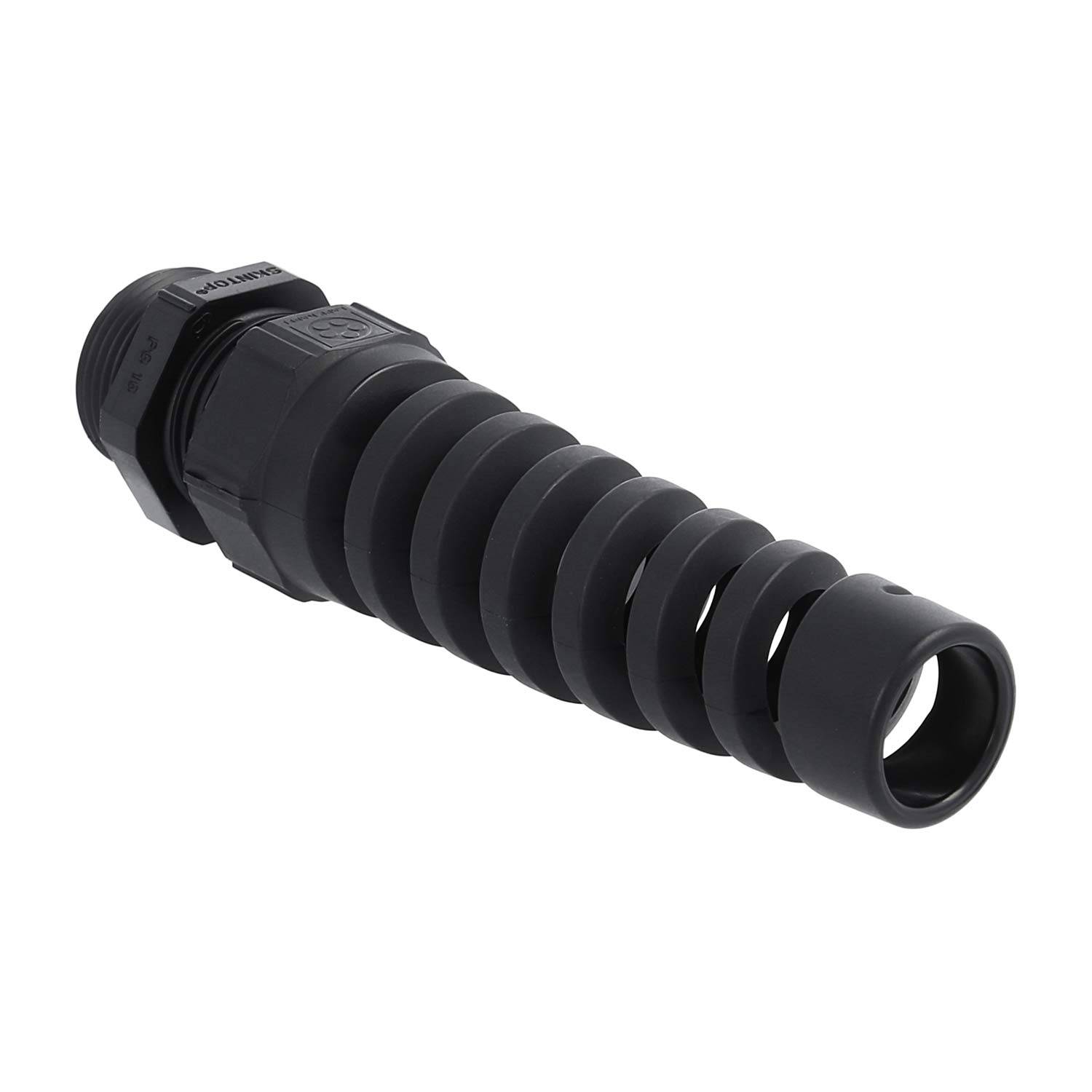 Eine schwarze Kabelverschraubung mit einer spiralförmigen Zugentlastung zur Sicherung und zum Schutz von Kabeln.