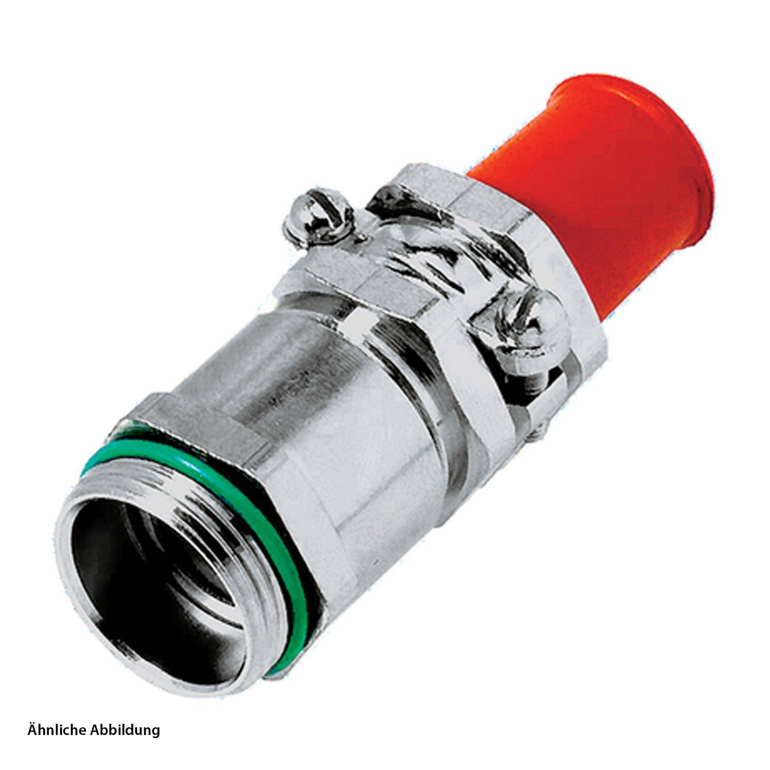 Ein zylindrischer Metallstecker mit einer roten Kappe und zwei Schrauben an der Seite. Der Stecker ist hauptsächlich silberfarben mit einem grünen Ring in der Nähe der Basis.