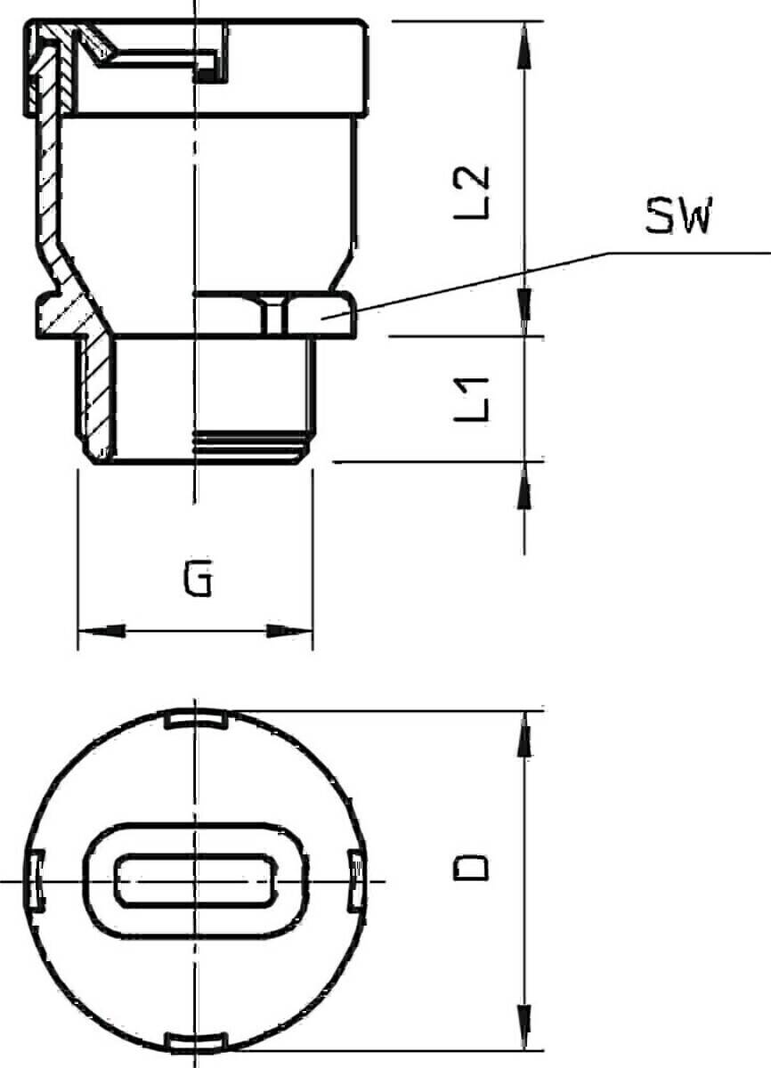 Technische Zeichnung eines Sechskantschraubenbolzens mit markierten Abmessungen: L1, L2, SW, G und D, die Länge, Breite und andere Maße angeben.