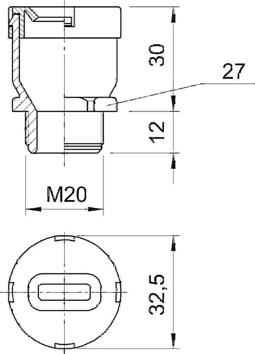 Technische Zeichnung eines Bolzens oder mechanischen Bauteils mit folgenden Abmessungen: 30 mm Höhe, 12 mm Querschnitt, 2,5 mm Detail, M20 Mutterindikator.