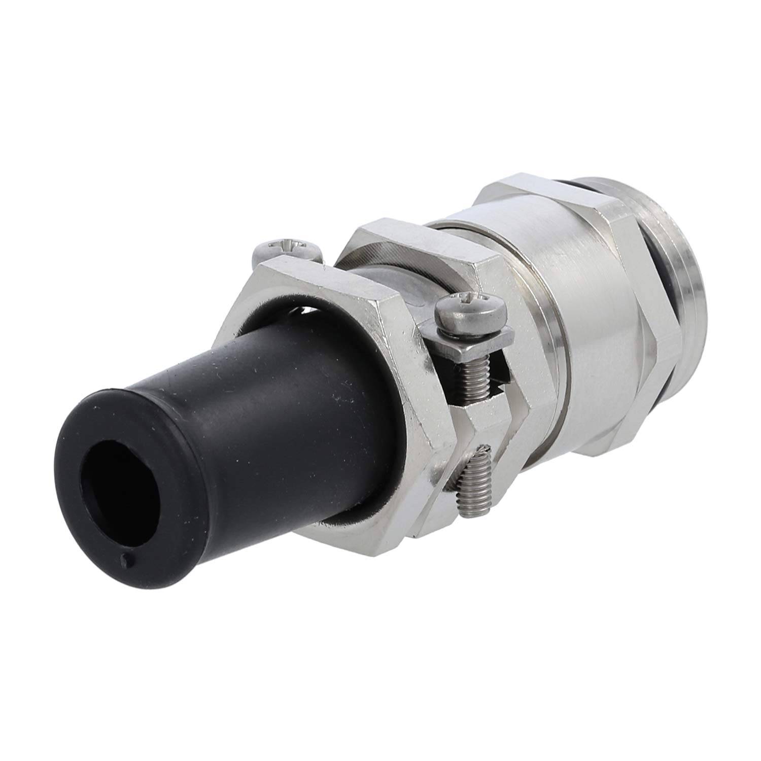 Metallische Verschraubung mit schwarzer Schutzkappe, verwendet zum Abdichten und Sichern von elektrischen Kabeln.