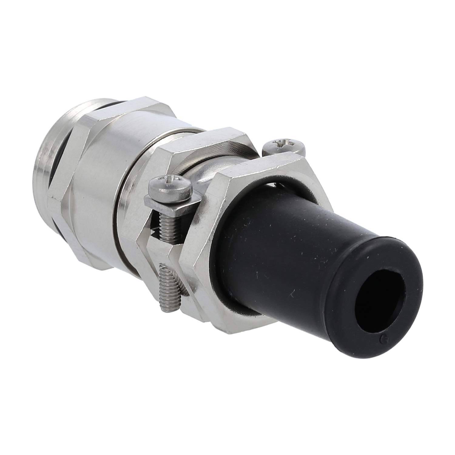 Ein Metallkabelführung mit schwarzer Gummidichtung, verwendet um Kabel in elektrischen Geräten oder Gehäusen zu sichern und abzudichten.