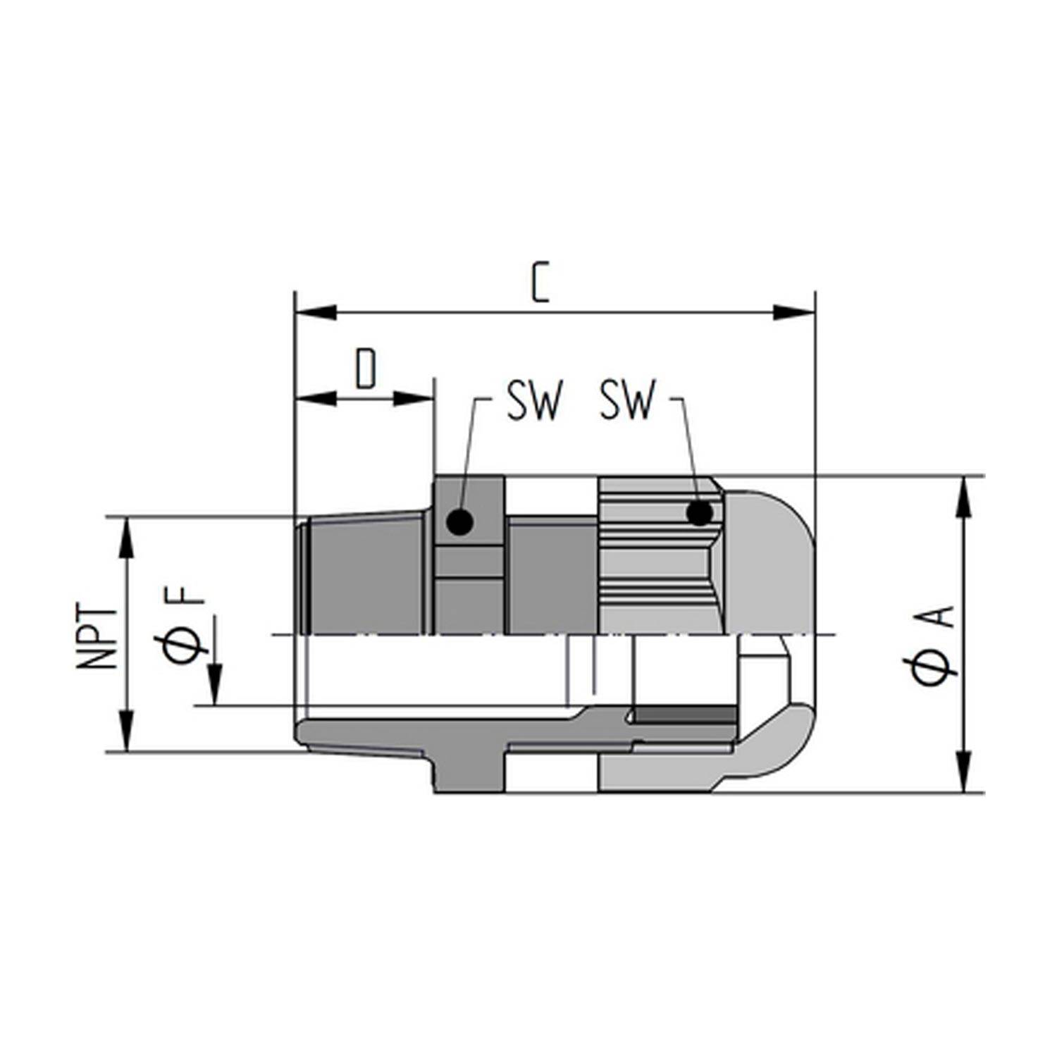 Technisches Diagramm einer Rohrverschraubung mit beschrifteten Abmessungen: C, D, SW, ΦF, ΦA. NPT- und SW-Abschnitte sind hervorgehoben.