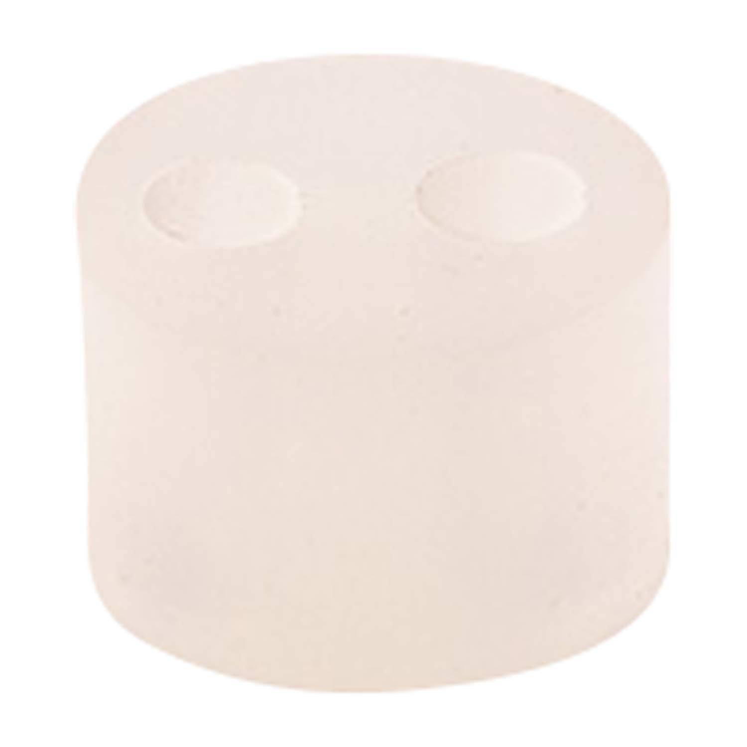 Ein zylindrischer weißer Gummistopfen mit zwei Löchern, verwendet zum Verschließen von Laborglasware oder Flaschen.