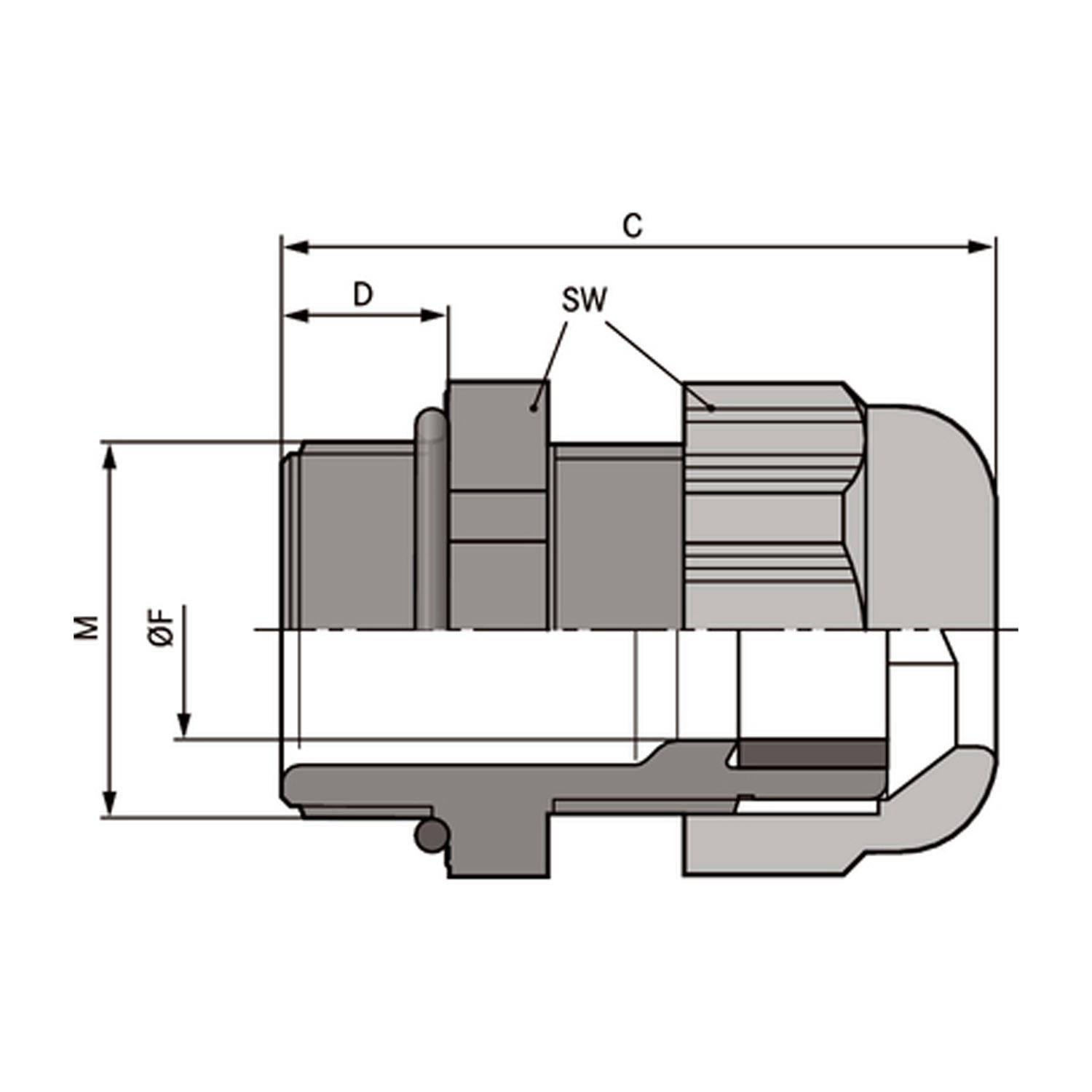 Technische Zeichnung einer mechanischen Armatur mit gekennzeichneten Abmessungen M, F, C, D und SW, die verschiedene Teile und Messungen anzeigen.