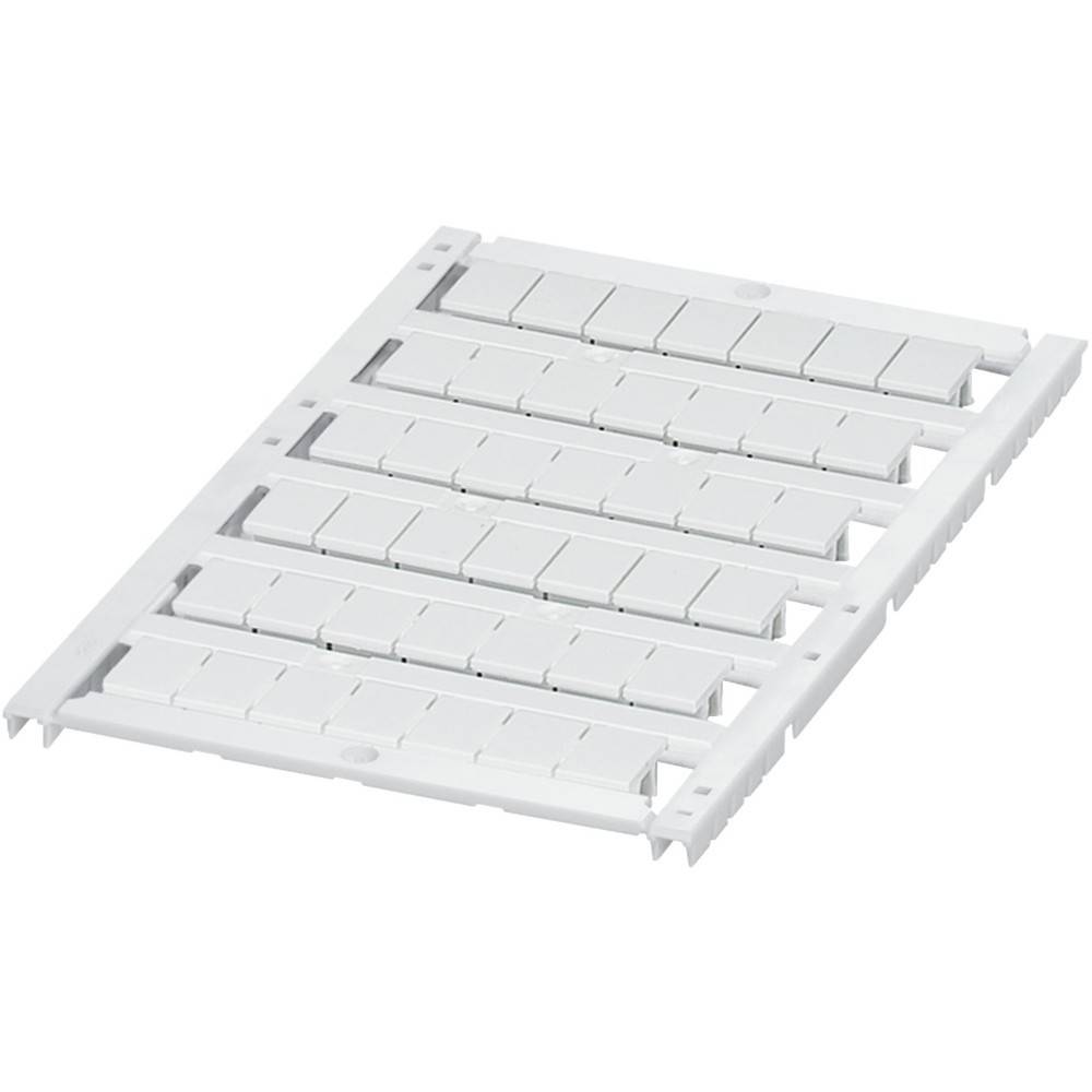 Eine schräge Ansicht eines weißen Kunststoff-Montagrahmens mit mehreren Schlitzen, der zur sicheren Organisation und Befestigung kleiner modularer Komponenten verwendet wird.