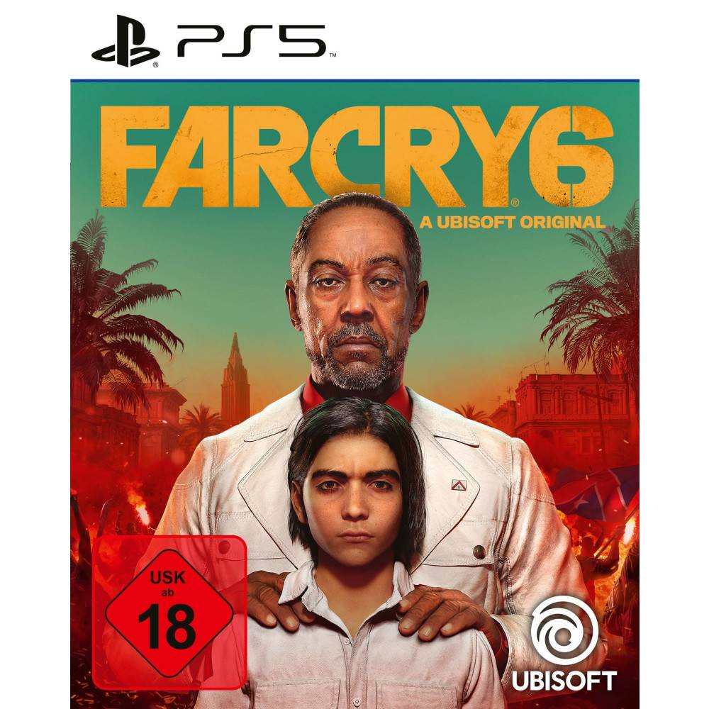 Far Cry 6 PS5 Cover-Art zeigt einen strengen Mann hinter einem jungen Mann vor einem tropischen, feurigen Hintergrund, mit USK 18 und Ubisoft-Logo.