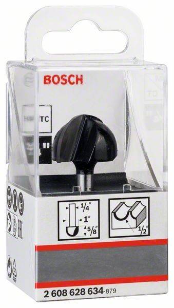 Ein Bosch-Fräser in Verpackung mit einem gerundeten Fräsereinsatz. Die Box zeigt folgende Abmessungen: 1/4
