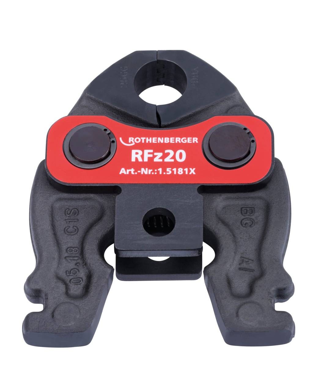 Ein Rohrpressgerät mit der Beschriftung 'ROTHENBERGER RF220 Art.-Nr.: 1.5181X' in roter Schrift. Das Werkzeug umfasst eine Rohrleitung und ist für Sanitäranwendungen konzipiert.