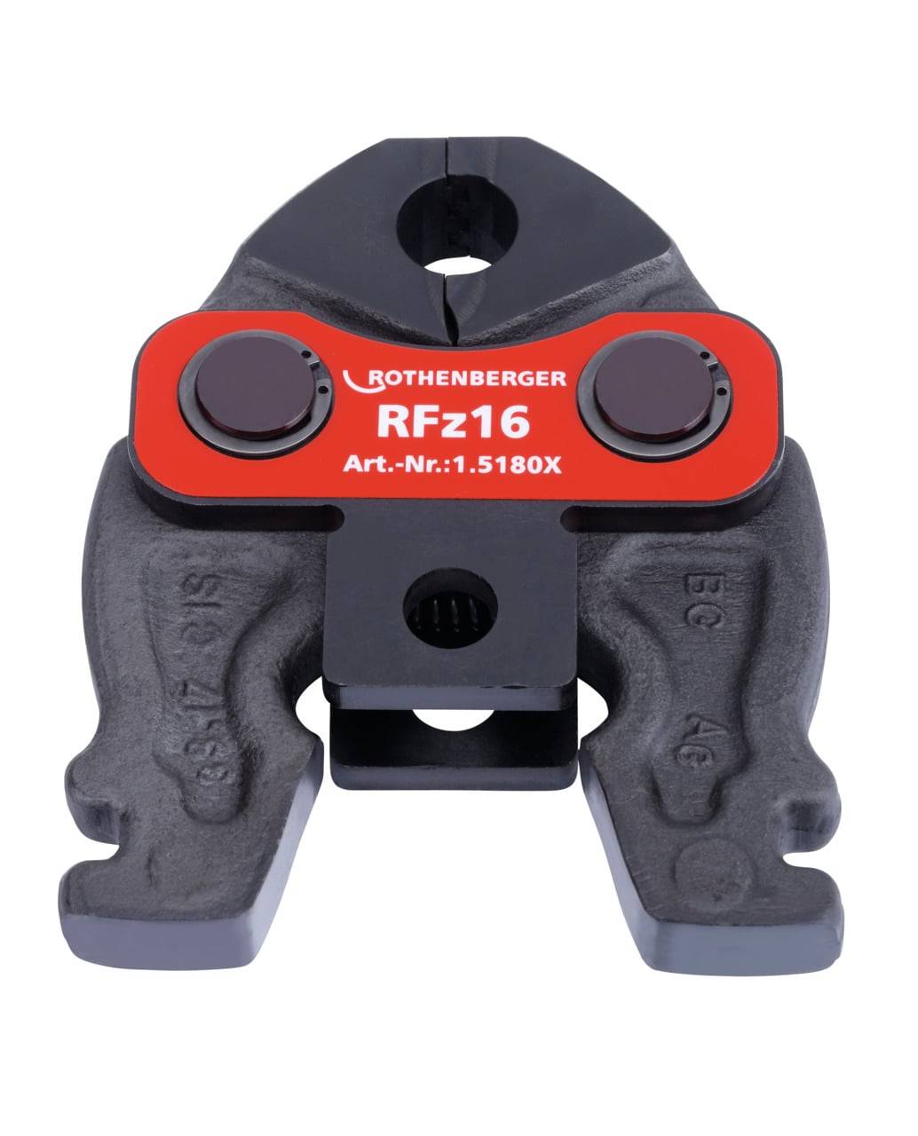 Rothenberger RFz16 Presszange für Rohrverschraubungen, Modellnummer 1.5180X, in Nahaufnahme mit rotem Etikett.